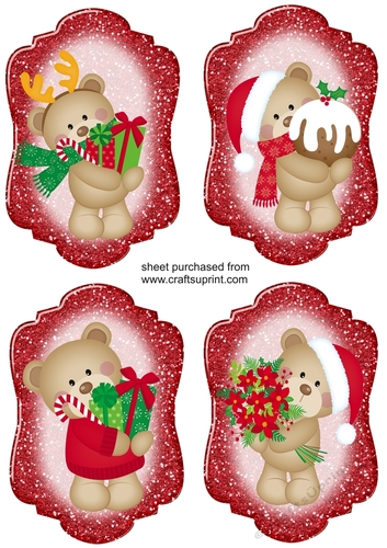 4 Red glitter Christmas bear toppers