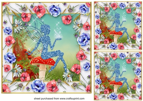 3 Blue floral fairy card fronts/toppers