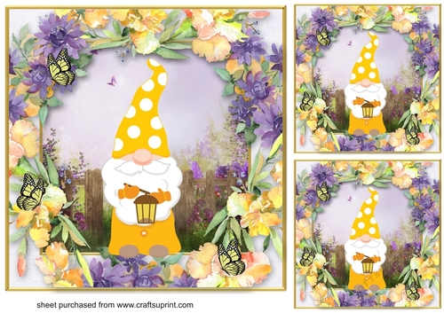 3 Yellow floral gnome card fronts/toppers