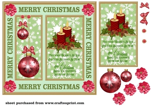 Green bauble and candles Christmas card front