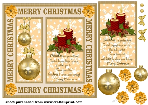 Gold Christmas bauble and candles card front