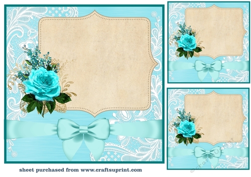 3 Teal rose framed card fronts/toppers