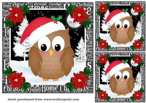 3 Christmas woodland owl card fronts/toppers