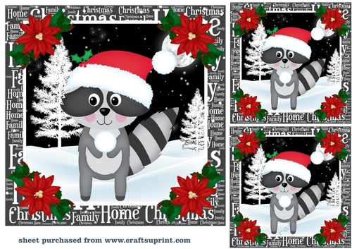 3 Christmas woodland raccoon card fronts/toppers 2