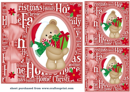 3 Red Christmas present bear oval card fronts