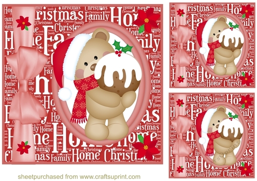 3 Red Christmas pudding bear oval card fronts/toppers