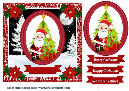 Red oval Christmas Santa card front 1