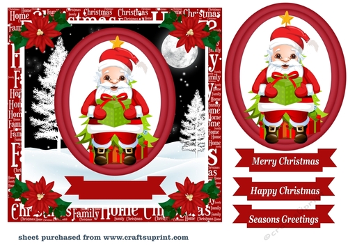 Red oval Christmas Santa card front 3