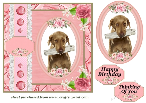 Pink rose cute dog card front 1