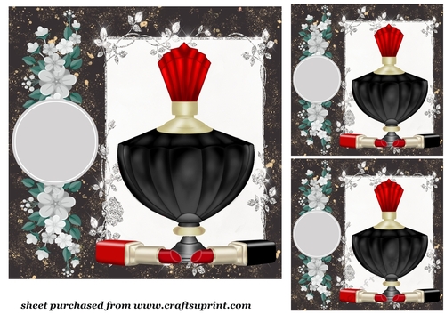 3 Black and red perfume and lipstick card fronts/toppers