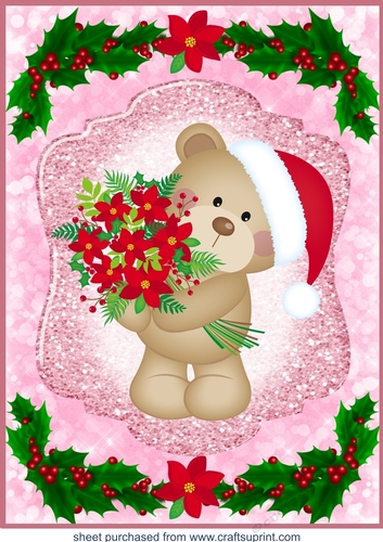 Large pink Christmas poinsettia bear topper 