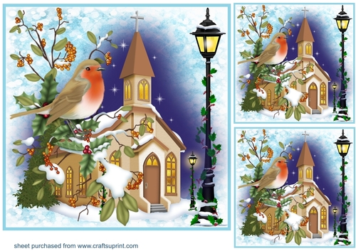 3 Blue Christmas church and robin card fronts/toppers