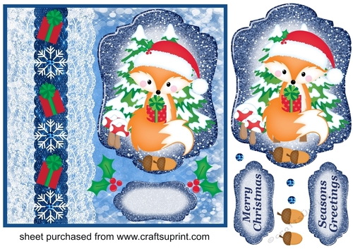 Blue Christmas present fox card front