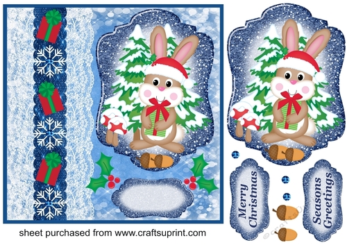 Blue Christmas present rabbit card front