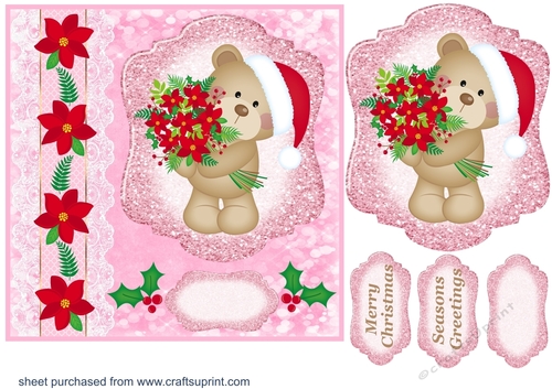 Pink Christmas poinsettia bear card front
