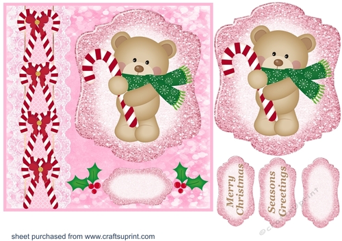 Pink Christmas candy cane bear card front