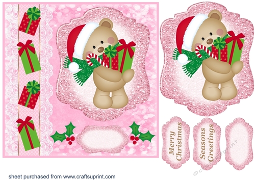 Pink Christmas present bear card front