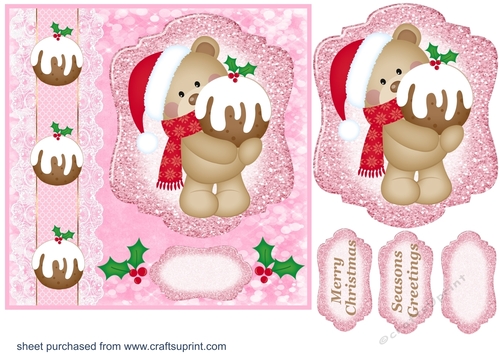 Pink Christmas pudding bear card front