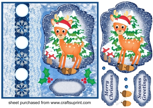  Blue Christmas deer snowball card front