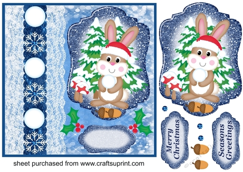  Blue Christmas rabbit snowball card front