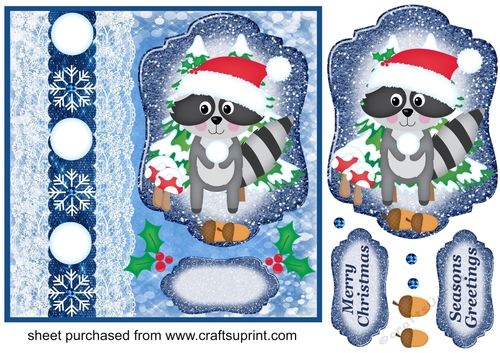  Blue Christmas raccoon snowball card front