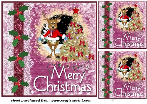 3 Reindeer decorating Christmas tree card fronts/toppers