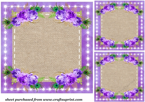 3 Purple mardi gras rose and peacock feather card fronts/toppers
