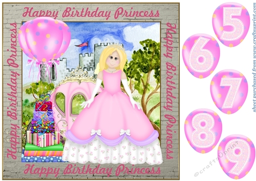 Blonde haired Birthday Princess card front with age balloons