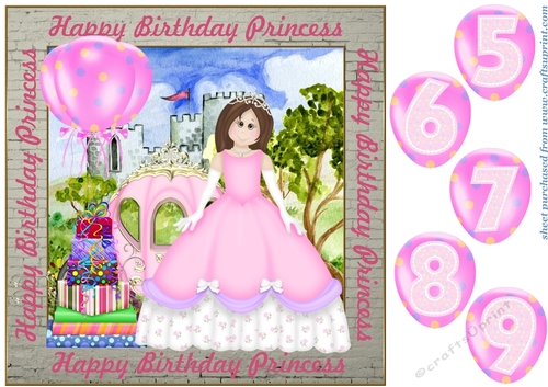 Brown haired Birthday Princess card front with age balloons