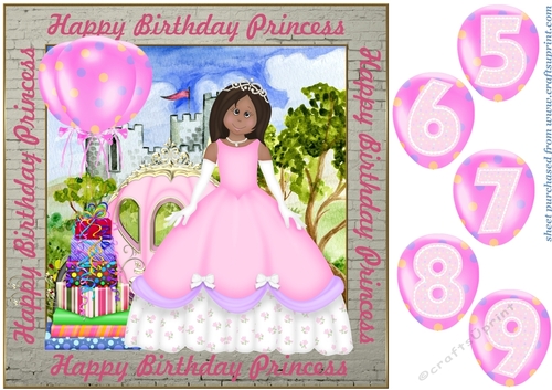 Dark skinned Birthday Princess card front with age balloons