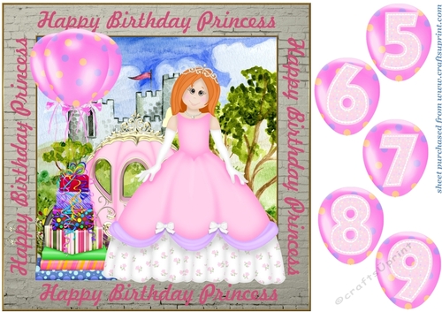 Ginger haired Birthday Princess card front with age balloons
