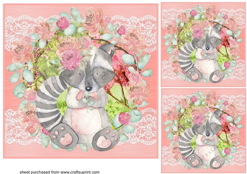 3 Water colour raccoon card fronts/toppers