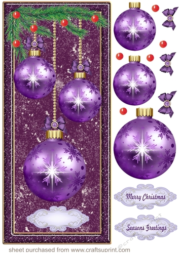 Purple Christmas baubles card front