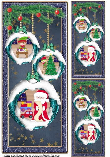3 Santa s workshop bauble card fronts/toppers 1