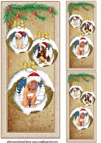 3 Christmas pups bauble card fronts/toppers 1