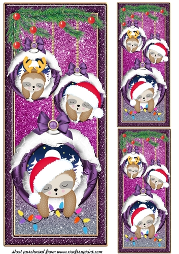 3 Sleepy sloth Christmas baubles card fronts/toppers