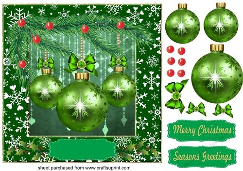 Square green Christmas baubles card front 1