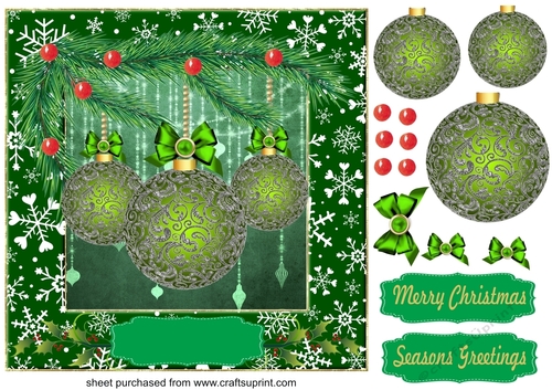 Square green Christmas baubles card front 2