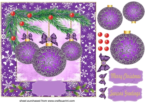 Square purple Christmas bauble card front 2