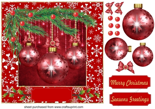 Square red Christmas bauble card front 2