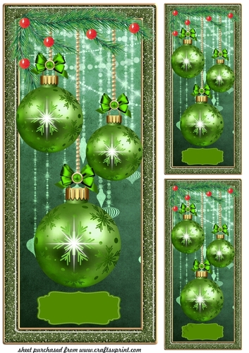 3 Green baubles card fronts/toppers