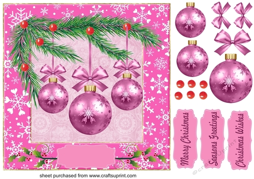 Pink Christmas baubles card front