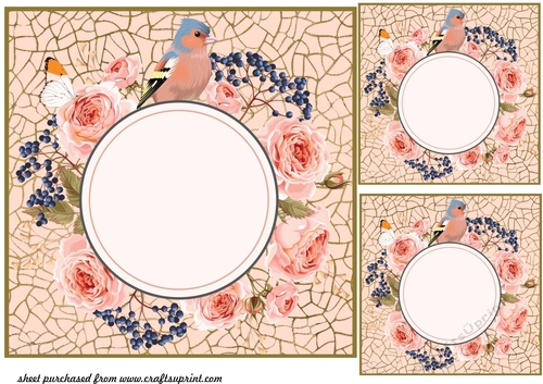 3 Pink floral bird card fronts/toppers