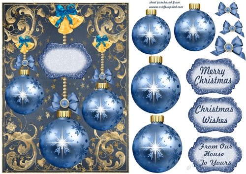 Blue and gold baubles card front