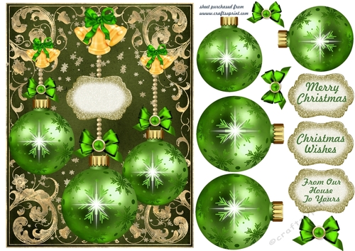 Green and gold baubles card front 