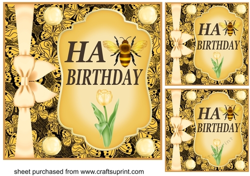 3 Yellow Ha-BEE Birthday card fronts/toppers