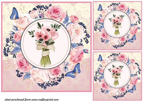 3 Pink floral bouquet card fronts/toppers