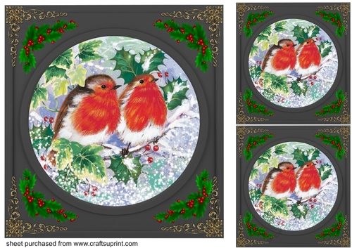 3 Beautiful Christmas robin with black frame card fronts/toppers 1