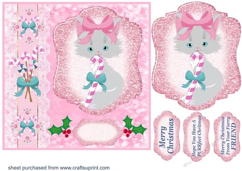 Pink Christmas kitty card front 2