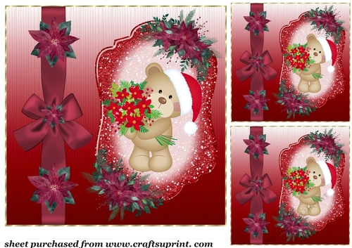 3 Red Poinsettia bear card fronts/toppers 1